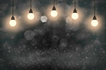 Fototapeta na wymiar pretty bright glitter lights defocused bokeh abstract background with light bulbs and falling snow flakes fly, celebratory mockup texture with blank space for your content
