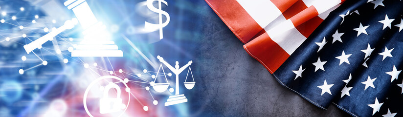 Fototapeta premium Flapping flag USA with wave. American flag for Memorial Day or 4th of July. Closeup of American flag dark background