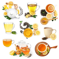 Teapots and cups of tea with lemon, ginger and honey on white background