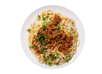 plate of pasta bolognese isolated on white background