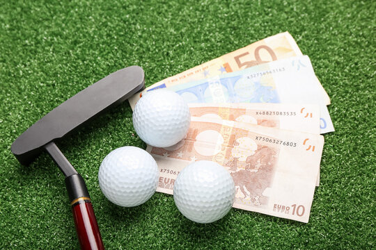 Money, golf club and balls on color background. Concept of sports bet