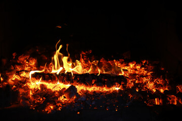 Fototapeta premium Burning red hot sparks fly from big fire. Burning coals, flaming particles flying off against black background.
