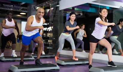 Obraz na płótnie Canvas Athletic people performing step aerobics in fitness club