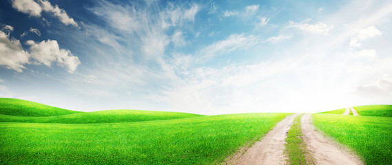 Road through grass field and clear blue sky
