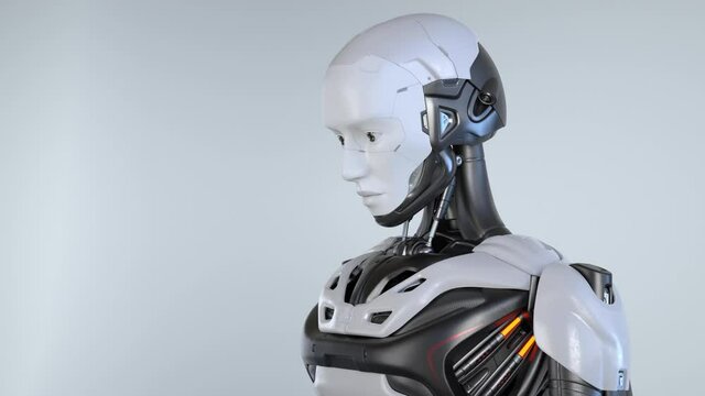Cyborg is staring at something with interest. 3D animation