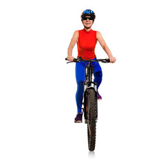 Obraz na płótnie Canvas Happy athletic young girl in helmet cycling on white studio background, women's health and cycling, physical activity in middle age