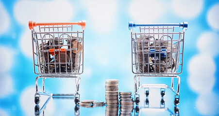 Background shopping trolley. Concept of shopping for groceries and things. Weekend shop.