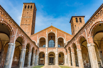 Fototapeta na wymiar Basilica of Sant'Ambrogio (official name: Basilica romana minore collegiata abbaziale prepositurale di Sant'Ambrogio) in the centre of Milan, northern Italy.