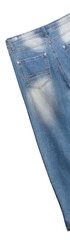 Fototapeta premium Waist, back pocket, leg areas of light blue jeans slightly tilted on white background. Jeans have faded white spots on them. Isolated. Portrait size. Shopping, clothing store concepts