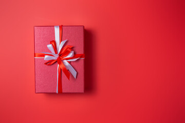 Double red gift box with bow on red background top view, Valentines day, Flat lay style with copy space