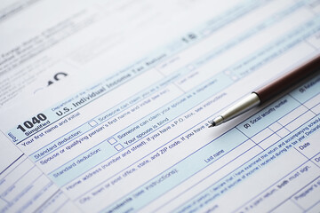 Obraz premium Annual tax reporting. Tax form on the table. Financial statements for signature.