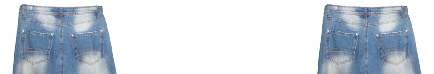 Fototapeta premium Waist and back pockets part of two light blue jeans with faded white spots. Isolated on white background. Banner size. Copy space. Shopping, trade, sale, store concepts