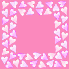 Backgrounds, frames of watercolor hearts. Hand drawn. Love romance theme for birthday, Valentine's day, greeting card, wedding, print