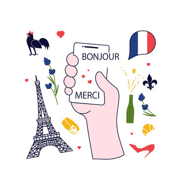 Concept of French language app for course or dictionary. Hand holds smartphone with educational app and France landmarks logos around. Vector Illustration