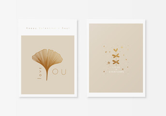 Love card print with ginko plant and twig with heart shape leaves