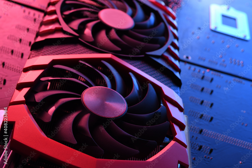 Poster computer game graphics card, videocard with two coolers on circuit board ,motherboard background. cl