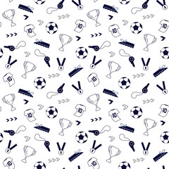 Seamless pattern from sport equipment and dynamics lines. Sport accessories isolated on white background. Contemporary Flat Vector Illustration
