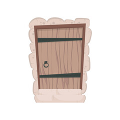 Antique rectangular wooden entrance door. Stone cladding. Isolated. Vector.