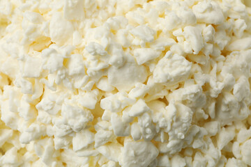 Fresh cottage cheese on whole background, close up