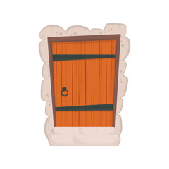 Antique rectangular wooden entrance door. Stone cladding. Cartoon style. Isolated. Vector.