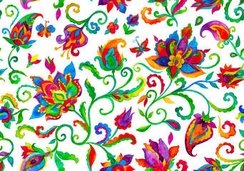 Paisley watercolor floral pattern tile: flowers, flores, tulips, leaves. Oriental indian traditional hand painted water color whimsical seamless print, ceramic design. Abstract india batik background