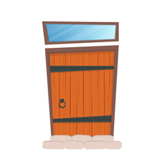 Antique rectangular wooden entrance door. Window above the door. Cartoon style. Isolated. Vector.