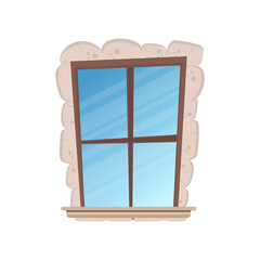 Rectangular window in cartoon style. Stone cladding. For the design of games or buildings. Isolated. Vector.