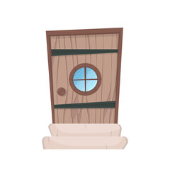 Antique rectangular wooden entrance door with a round window. Cartoon style. Isolated. Vector.