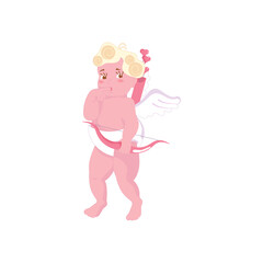 Cute cupid baby holding a bow with arrows isolated on white background. Flat Art Vector illustration