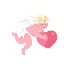 Cute cupid baby holding a big heart isolated on white background. Flat Art Vector illustration