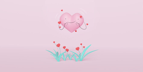 3D of hearts characters as symbols of love. Heart flying above heart plant. Happy Valentine's Day.