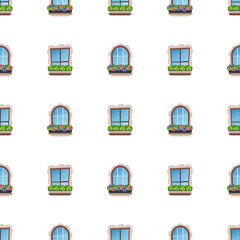 Seamless pattern with windows and flowers. Good for backgrounds, books, and wrapping paper. Vector illustration.