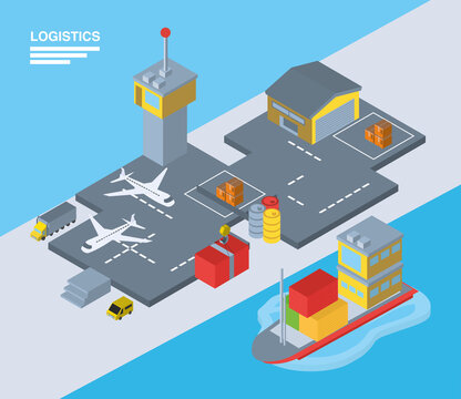 Logistics and delivery isometric airport and ship vector design