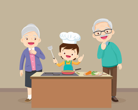 Elderly Happy Looking At Child Cooking In Kitchen