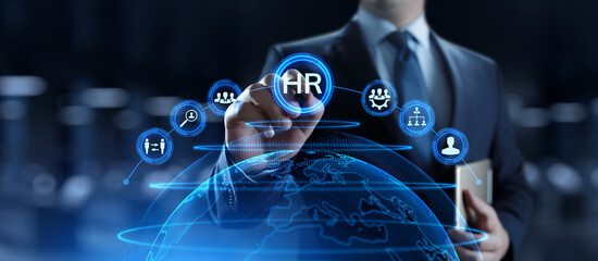 HR Human resources management Recruitment Headhunting. Businessman pressing button on screen.