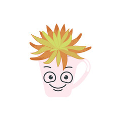 Succulent plant in mug with funny face print. Trendy home decor elements isolated on white background. Flat Art Vector illustration