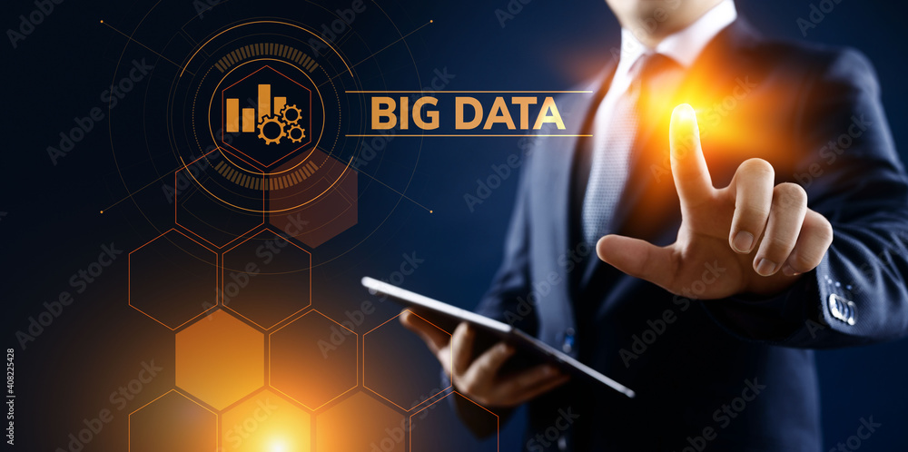 Poster big data analytics technology internet technology concept. businessman pressing button on virtual sc