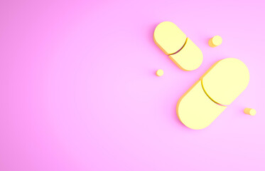 Yellow Vitamin complex of pill capsule icon isolated on pink background. Healthy lifestyle. Minimalism concept. 3d illustration 3D render.