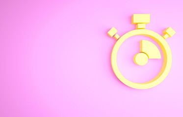 Yellow Stopwatch icon isolated on pink background. Time timer sign. Chronometer sign. Minimalism concept. 3d illustration 3D render.