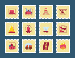 World city stamps icon collection vector design
