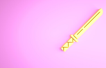 Yellow Traditional Japanese katana icon isolated on pink background. Japanese sword. Minimalism concept. 3d illustration 3D render.