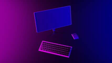 Computer, screen, mouse, keyboard on an abstract light effect purple and blue wallpaper 3D render. Horizontal illustration background.