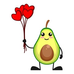 vector illustration of cute avocado fruit valentine or character holding love balloon. cute avocado fruit Concept White Isolated. Flat Cartoon Style Suitable for Landing Page, Banner, Flyer, Sticker.