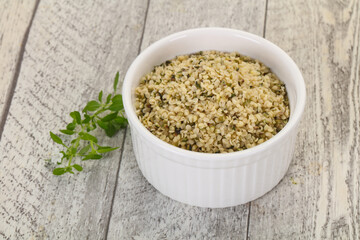 Peeled hemp seeds in the bowl