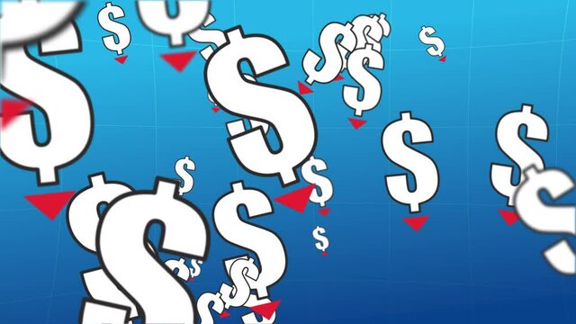 Looped animation. A cloud of US dollar symbols spins across the camera's field of view. There is a red arrow below the symbol. The situation is the fall of the dollar exchange rate.