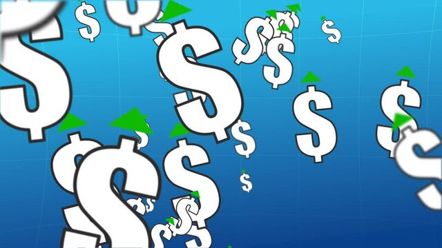 Soaring dollar rate.  Looped animation. A cloud of US dollar symbols spins across the camera's field of view. There is a green arrow above the symbol. Situation of the dollar exchange rate increase.