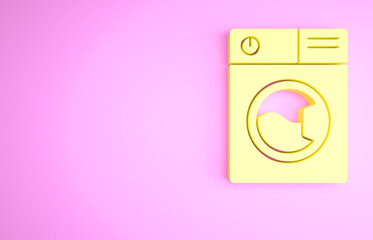 Yellow Washer icon isolated on pink background. Washing machine icon. Clothes washer - laundry machine. Home appliance symbol. Minimalism concept. 3d illustration 3D render.