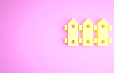 Yellow Garden fence wooden icon isolated on pink background. Minimalism concept. 3d illustration 3D render.