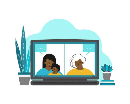 Vector Isolated Flat Illustration With Laptop Screenshot. Senior African American Grandmother And Her Daughter With Baby Are Talking Online By Video Chat. Distant Communication By Web Camera