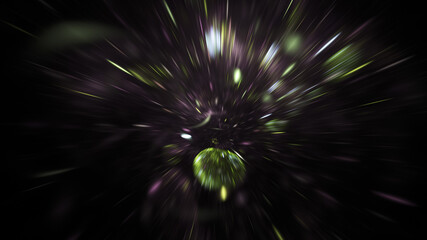 Abstract green and violet fireworks. Holiday background with fantastic light effect. Digital fractal art. 3d rendering.